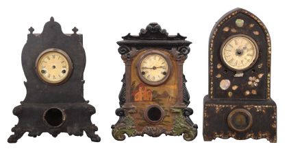Clocks- 9 (Nine): (1) American iron front case (no movement) c1860; (2) American iron front shelf clock with a spring driven, 8 day timepiece movement, c1860. (3) American iron front shelf clock with a 30 hour timepiece movement and a "Mermaid Times" label on the case bottom, c1860. (4) Forestville Mfg. Co., Forestville, Conn shelf clock with an 8 day spring driven time and strike movement in a wooden case with gilt design and MOP inlay, c1860. (5) A. S. Platt & Co., Bristol, Conn. iron front (painted with MOP inlay) shelf clock with a spring driven 30 hour time and strike movement, c1860. (6) Waterbury Clock Co., 4 Courtland St., New York, painted iron front shelf clock with a 30 hour time and strike movement, c1860. (7) Unmarked American iron front (painted) shelf clock with a 30 hour time & strike spring driven movement, c1860. (8) F. Kroeber Clock Co., New York, iron front shelf clock with a spring driven 30 hour time and strike movement, c1865. (9) Upson Brothers, Bristol, Conn. iron front beehive shelf clock (paint and MOP inlay) with a spring driven, 8 day, time and strike movement (Morse No. (1), c1855