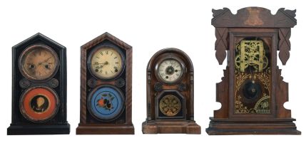Clocks- 4 (Four): (1) E. Ingraham & Co., Bristol, Conn., "Doric" shelf clock with a 30 hour spring driven time and strike movement in a rosewood veneered case, c1875; (2) E. Ingraham & Co., Bristol, Conn., "Mosaic Doric" shelf clock with an 8 day spring driven time and strike movement. in a rosewood veneered case, c1875. (3) Welch, Spring & Co., Forestville, Conn., "Italian No. 3" shelf clock with a spring driven 30 hour time and alarm movement in a rosewood veneered case, c1878. (4) New Haven Clock Co., New Haven, Conn., "Alderman" shelf clock with a spring driven, 8 day, time and strike movement in an oak case, c1885.