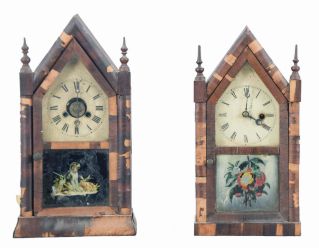 Clocks- 4 (Four): (1) Terry & Andrews, Bristol, Conn., Double Steeple shelf clock with an spring driven, 8 day, time and strike movement in a rosewood veneered case, c1850; (2) Sperry (Henry) and Shaw (George L.), 10 Cortlandt St., New York, steeple shelf clock with a spring driven, 8 day time, strike and alarm movemement in a rosewood veneered case.c1848. (3) New Haven Clock Co., New Haven, Conn. steeple shelf clock with a spring driven 30 hour timepiece movement in a rosewood veneered case, c1870. (4) Jerome & Co., New Haven, Conn., steeple shelf clock with a spring driven 30 hour time and alarm movement in a rosewood veneered case, c1870.