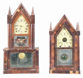 Clocks- 4 (Four): (1) Terry & Andrews, Bristol, Conn., Double Steeple shelf clock with an spring driven, 8 day, time and strike movement in a rosewood veneered case, c1850; (2) Sperry (Henry) and Shaw (George L.), 10 Cortlandt St., New York, steeple shelf clock with a spring driven, 8 day time, strike and alarm movemement in a rosewood veneered case.c1848. (3) New Haven Clock Co., New Haven, Conn. steeple shelf clock with a spring driven 30 hour timepiece movement in a rosewood veneered case, c1870. (4) Jerome & Co., New Haven, Conn., steeple shelf clock with a spring driven 30 hour time and alarm movement in a rosewood veneered case, c1870.
