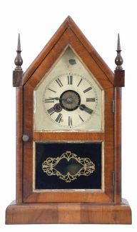 Clocks- 6 (Six): (1) Boardman and Wells, Bristol, Conn., steeple shelf clock with a spring driven 30 hour time and strike fusee movement in a mahogany veneered case, c1844; (2) Boardman and Wells, Bristol, Conn., steeple shelf clock with a spring driven 30 hour time and strike movement in a mahogany veneered case, c1844. (3) J. J. Beals & Co., Boston, Mass., steeple shelf clock with a spring driven, 8 day, time and strike movement (J. C. Brown, Forestville, Conn) in a mahogany veneered case, c1850. (4) Jerome & Co., New Haven, Conn steeple shelf clock (case only) c1860. (5) Brewster & Ingrahams, Bristol, Conn. steeple shelf clock with a (brass) spring driven 30 hour time and strike movement in a mahogany veneered case, c1850. (6) German mini steeple shelf clock with a 30 hour time and alarm movement in a veneered case, c1870.