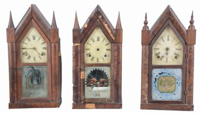 Clocks- 6 (Six): (1) Boardman and Wells, Bristol, Conn., steeple shelf clock with a spring driven 30 hour time and strike fusee movement in a mahogany veneered case, c1844; (2) Boardman and Wells, Bristol, Conn., steeple shelf clock with a spring driven 30 hour time and strike movement in a mahogany veneered case, c1844. (3) J. J. Beals & Co., Boston, Mass., steeple shelf clock with a spring driven, 8 day, time and strike movement (J. C. Brown, Forestville, Conn) in a mahogany veneered case, c1850. (4) Jerome & Co., New Haven, Conn steeple shelf clock (case only) c1860. (5) Brewster & Ingrahams, Bristol, Conn. steeple shelf clock with a (brass) spring driven 30 hour time and strike movement in a mahogany veneered case, c1850. (6) German mini steeple shelf clock with a 30 hour time and alarm movement in a veneered case, c1870.
