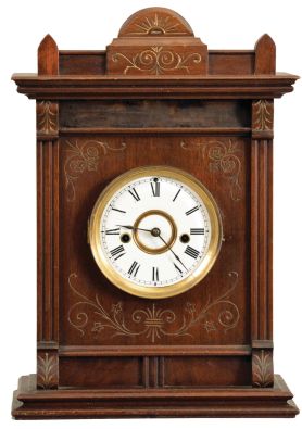 E. N. Welch Mfg. Co., Forestville, Conn., "No. 3 Cabinet", 8 day, time and strike, spring "Patti"-style brass movement mantel clock.
