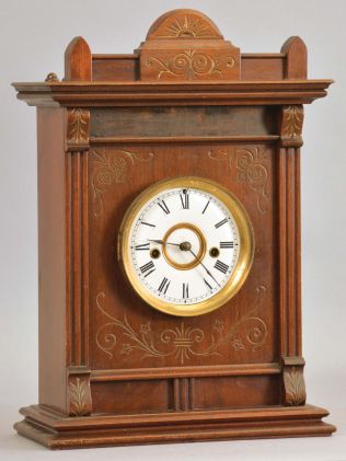 E. N. Welch Mfg. Co., Forestville, Conn., "No. 3 Cabinet", 8 day, time and strike, spring "Patti"-style brass movement mantel clock.