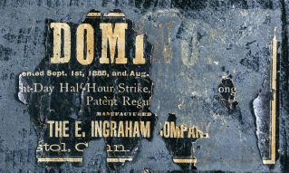 E. Ingraham & Co., Bristol, Conn., "Domino", 8 day, time and strike, spring brass movement black mantel clock.