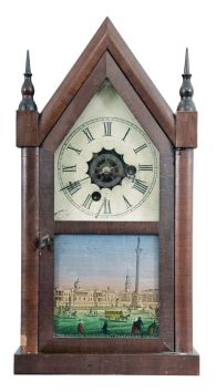 E. N. Welch Mfg. Co., Forestville, Conn. miniature steeple shelf clock with a spring driven 30 hour time and alarm movement in a mahogany veneered case.