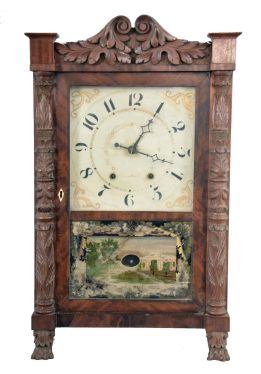 Mark Leavenworth & Son, Waterbury, Conn., 30 hour, time and strike, weight wood movement in short carved column & splat shelf clock case.