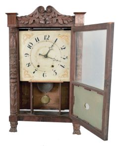 Mark Leavenworth & Son, Waterbury, Conn., 30 hour, time and strike, weight wood movement in short carved column & splat shelf clock case.