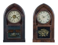 Clocks- 5 (Five): (1) New Haven Clock Co., New Haven, Conn., "Sharp Gothic" shelf clock with a spring driven, 8 day, time and strike movement in a mahogany veneered case, c1880; (2) Jerome & Co., New Haven, Conn., miniature steeple shelf clock with a spring driven 30 hour time and alarm movement in a mahogany veneered case, c1870. (3) F. Kroeber Clock Co., New York, "Dictator" shelf clock with a spring driven 30 hour time and strike movement in a rosewood veneered case, c1885. (4) Brewster & Ingrahams, Bristol, Conn., Round Gothic shelf clock with a spring driven, 8 day, time and strike movement in a mahogany veneered case, c1850, (5) Waterbury Clock Co., Waterbury, Conn., Round Gothic shelf clock with a spring driven 30 hour time, strike and alarm movement in a mahogany veneered case, c1865.