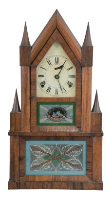 Elisha Manross, Bristol, Conn. steeple on frame shelf clock with an 8 day fusee time and strike Ives-style rivited strap brass movement in a rosewood veneered case.