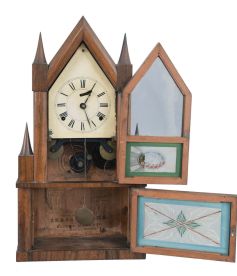 Elisha Manross, Bristol, Conn. steeple on frame shelf clock with an 8 day fusee time and strike Ives-style rivited strap brass movement in a rosewood veneered case.