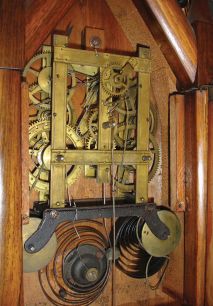 Elisha Manross, Bristol, Conn. steeple on frame shelf clock with an 8 day fusee time and strike Ives-style rivited strap brass movement in a rosewood veneered case.