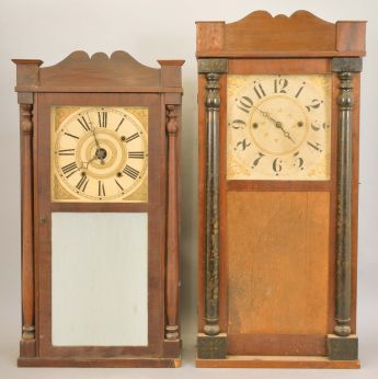 Clocks- 8 (Eight) clocks and one clock case including: 3 ogee clocks, one wooden and two brass works by Sperry & Shaw, Elisha Manross, and William S. Johnson; 2 half column and splat clocks by Daniel Pratt and David Dutton; French perpetual calendar clock parts signed R. Heslop, Paris; Unsigned German cuckoo clock; French crystal regulator with Marti movement; Black slate mantel clock case with red marble accents.