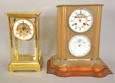 Clocks- 8 (Eight) clocks and one clock case including: 3 ogee clocks, one wooden and two brass works by Sperry & Shaw, Elisha Manross, and William S. Johnson; 2 half column and splat clocks by Daniel Pratt and David Dutton; French perpetual calendar clock parts signed R. Heslop, Paris; Unsigned German cuckoo clock; French crystal regulator with Marti movement; Black slate mantel clock case with red marble accents.