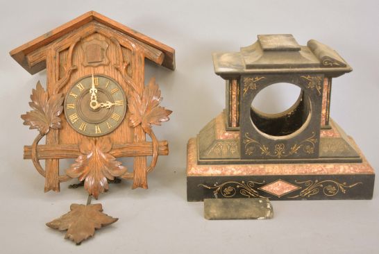 Clocks- 8 (Eight) clocks and one clock case including: 3 ogee clocks, one wooden and two brass works by Sperry & Shaw, Elisha Manross, and William S. Johnson; 2 half column and splat clocks by Daniel Pratt and David Dutton; French perpetual calendar clock parts signed R. Heslop, Paris; Unsigned German cuckoo clock; French crystal regulator with Marti movement; Black slate mantel clock case with red marble accents.