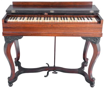 A. G. Marston, Campello, Massachusetts, 5 octave lyre-leg melodeon in a rosewood case. Also included is a second reed organ keyboard of roughly the same size and manufacture with a set of walnut legs.