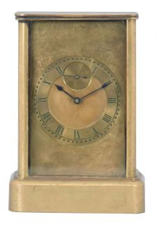 Lorenzo D. Warren, Portland, Maine, 8 day carriage clock with unusual chronometer escapement, glazed brass case, Roman numeral brass dial with seconds at 12:00, blued steel hands, signed, brass timepiece with pivoted detent escapement of unconventional design, brass balance with helical spring and long staff, the roller receiving impulse from a crown wheel, and with unlocking effected by a pin at the lower end of the balance staff, edge of front plate marked "Finished Jan. 2d, 1872"