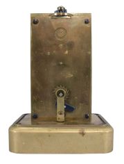 Lorenzo D. Warren, Portland, Maine, 8 day carriage clock with unusual chronometer escapement, glazed brass case, Roman numeral brass dial with seconds at 12:00, blued steel hands, signed, brass timepiece with pivoted detent escapement of unconventional design, brass balance with helical spring and long staff, the roller receiving impulse from a crown wheel, and with unlocking effected by a pin at the lower end of the balance staff, edge of front plate marked "Finished Jan. 2d, 1872"