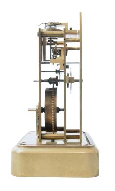 Lorenzo D. Warren, Portland, Maine, 8 day carriage clock with unusual chronometer escapement, glazed brass case, Roman numeral brass dial with seconds at 12:00, blued steel hands, signed, brass timepiece with pivoted detent escapement of unconventional design, brass balance with helical spring and long staff, the roller receiving impulse from a crown wheel, and with unlocking effected by a pin at the lower end of the balance staff, edge of front plate marked "Finished Jan. 2d, 1872"