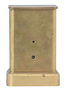 Lorenzo D. Warren, Portland, Maine, 8 day carriage clock with unusual chronometer escapement, glazed brass case, Roman numeral brass dial with seconds at 12:00, blued steel hands, signed, brass timepiece with pivoted detent escapement of unconventional design, brass balance with helical spring and long staff, the roller receiving impulse from a crown wheel, and with unlocking effected by a pin at the lower end of the balance staff, edge of front plate marked "Finished Jan. 2d, 1872"