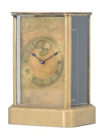Lorenzo D. Warren, Portland, Maine, 8 day carriage clock with unusual chronometer escapement, glazed brass case, Roman numeral brass dial with seconds at 12:00, blued steel hands, signed, brass timepiece with pivoted detent escapement of unconventional design, brass balance with helical spring and long staff, the roller receiving impulse from a crown wheel, and with unlocking effected by a pin at the lower end of the balance staff, edge of front plate marked "Finished Jan. 2d, 1872"