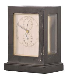 Bench made carriage clock with chronometer escapement and astronomical dial, ebonized, glazed mahogany case, silvered dial with separate chapters for hours, minutes, and seconds, blued steel hands, 8 day timepiece movement with chronometer platform, cut bimetallic balance with rim riveted to balance arm, and Earnshaw spring detent escapement