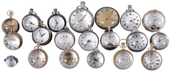 Clocks- 20 (Twenty) Glass Paperweight: a large assortment of spherical desk clocks, most Swiss and American 30 hour, some with jeweled movements. Makers include Doxa, New Haven, Lux, Waterbury, and others. Lot also includes parts to about 5 more glass paperweight clocks.