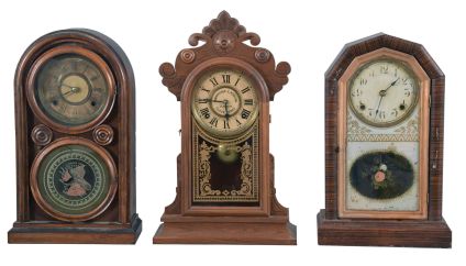 Clocks- 6 (Six): (1) E. Ingraham & Co.,Bristol, Conn., "Venetian" shelf clock with a spring driven, 8 day, time and strike movement in a rosewood veneered case, c1875; (2) E. Ingraham Clock Co., Bristol, Conn., "Halcyon" shelf clock with a spring driven, 8 day, time and strike movement in a walnut case, c1881. (3) Unmarked shelf clock with a spring driven, 8 day, time and strike movement in a celluloid covered case. (4) E. Ingraham & Co., Bristol, Conn., Phoenix shelf clock with a spring driven, 8 day, time and strike movement in a walnut case, c1881. (5) E. Ingraham & Co., Bristol, Conn., "Era" shelf clock with a spring driven, 8 day time, strike and alarm movement in a rosewood veneered case with putty grained front, c1883, (6) Waterbury Clock Co., Waterbury, Conn. unidentified shelf clock with a spring driven, 8 day, time and strike movement in a walnut case, c1890.