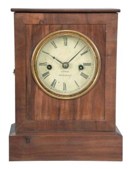 Chauncey Jerome, New Haven, Conn., shelf clock with a spring driven, 8 day fusee time and strike in a mahogany veneered case.
