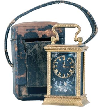 France, a miniature carriage timepiece with enamel panels and travel case, gilt case with carrying handle, the sides and back with polychrome enamel decorated copper panels, the dial with teal blue enamel ground, and decorated with polychrome birds and foliage, gilt Roman numeral chapter ring with fancy gilt hands, 8 day timepiece movement with lever platform, with original leather covered wooden travel case