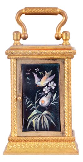 France, a miniature carriage timepiece with enamel panels and travel case, gilt case with carrying handle, the sides and back with polychrome enamel decorated copper panels, the dial with teal blue enamel ground, and decorated with polychrome birds and foliage, gilt Roman numeral chapter ring with fancy gilt hands, 8 day timepiece movement with lever platform, with original leather covered wooden travel case
