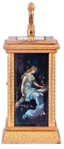 France, a miniature carriage timepiece with enamel panels and travel case, gilt case with carrying handle, the sides and back with polychrome enamel decorated copper panels, the dial with teal blue enamel ground, and decorated with polychrome birds and foliage, gilt Roman numeral chapter ring with fancy gilt hands, 8 day timepiece movement with lever platform, with original leather covered wooden travel case