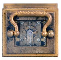 France, a miniature carriage timepiece with enamel panels and travel case, gilt case with carrying handle, the sides and back with polychrome enamel decorated copper panels, the dial with teal blue enamel ground, and decorated with polychrome birds and foliage, gilt Roman numeral chapter ring with fancy gilt hands, 8 day timepiece movement with lever platform, with original leather covered wooden travel case
