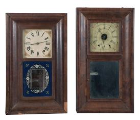 Clocks- 7 (Seven): (1) Connecticut Clock Co., New York, 30 hour, time and strike, weight brass movement OG shelf clock, c1850; (2) George V. House, New York, 30 hour, time and strike, weight brass movement OG shelf clock, c1845 (3) Sperry & Shaw, New York, 30 hour, time and strike, weight brass movement OG shelf clock, c1845 (4) Chauncey Jerome, Bristol, Conn., 30 hour, time and strike, weight brass movement OG shelf clock, c1840 (5) B. Young & Co., St. Stevens, New Brunswick, Canada, 30 hour, time and strike, weight brass movement OG shelf clock (movement was made by Atkins & Porter, Bristol, Conn), c1845 (6) Unknown New York maker, 30 hour, time and strike, weight wood movement OG shelf clock, c1840 (7) Chauncey Jerome, New Haven, Conn., 8 day, time and strike, weight brass movement double door OOG shelf clock, c1860