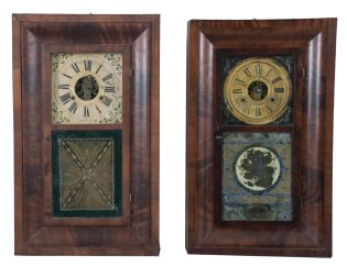 Clocks- 7 (Seven): (1) Connecticut Clock Co., New York, 30 hour, time and strike, weight brass movement OG shelf clock, c1850; (2) George V. House, New York, 30 hour, time and strike, weight brass movement OG shelf clock, c1845 (3) Sperry & Shaw, New York, 30 hour, time and strike, weight brass movement OG shelf clock, c1845 (4) Chauncey Jerome, Bristol, Conn., 30 hour, time and strike, weight brass movement OG shelf clock, c1840 (5) B. Young & Co., St. Stevens, New Brunswick, Canada, 30 hour, time and strike, weight brass movement OG shelf clock (movement was made by Atkins & Porter, Bristol, Conn), c1845 (6) Unknown New York maker, 30 hour, time and strike, weight wood movement OG shelf clock, c1840 (7) Chauncey Jerome, New Haven, Conn., 8 day, time and strike, weight brass movement double door OOG shelf clock, c1860