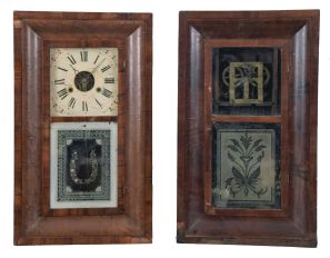 Clocks- 7 (Seven): (1) Connecticut Clock Co., New York, 30 hour, time and strike, weight brass movement OG shelf clock, c1850; (2) George V. House, New York, 30 hour, time and strike, weight brass movement OG shelf clock, c1845 (3) Sperry & Shaw, New York, 30 hour, time and strike, weight brass movement OG shelf clock, c1845 (4) Chauncey Jerome, Bristol, Conn., 30 hour, time and strike, weight brass movement OG shelf clock, c1840 (5) B. Young & Co., St. Stevens, New Brunswick, Canada, 30 hour, time and strike, weight brass movement OG shelf clock (movement was made by Atkins & Porter, Bristol, Conn), c1845 (6) Unknown New York maker, 30 hour, time and strike, weight wood movement OG shelf clock, c1840 (7) Chauncey Jerome, New Haven, Conn., 8 day, time and strike, weight brass movement double door OOG shelf clock, c1860