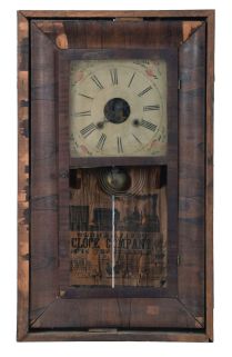 Clocks- 7 (Seven): (1) Connecticut Clock Co., New York, 30 hour, time and strike, weight brass movement OG shelf clock, c1850; (2) George V. House, New York, 30 hour, time and strike, weight brass movement OG shelf clock, c1845 (3) Sperry & Shaw, New York, 30 hour, time and strike, weight brass movement OG shelf clock, c1845 (4) Chauncey Jerome, Bristol, Conn., 30 hour, time and strike, weight brass movement OG shelf clock, c1840 (5) B. Young & Co., St. Stevens, New Brunswick, Canada, 30 hour, time and strike, weight brass movement OG shelf clock (movement was made by Atkins & Porter, Bristol, Conn), c1845 (6) Unknown New York maker, 30 hour, time and strike, weight wood movement OG shelf clock, c1840 (7) Chauncey Jerome, New Haven, Conn., 8 day, time and strike, weight brass movement double door OOG shelf clock, c1860