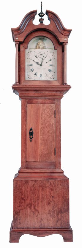 Reproduction dwarf tall or Grandmother clock, 8 day, weight driven brass timepiece (only) movement in a pine case with rocking ship dial signed Elmer Stennes
