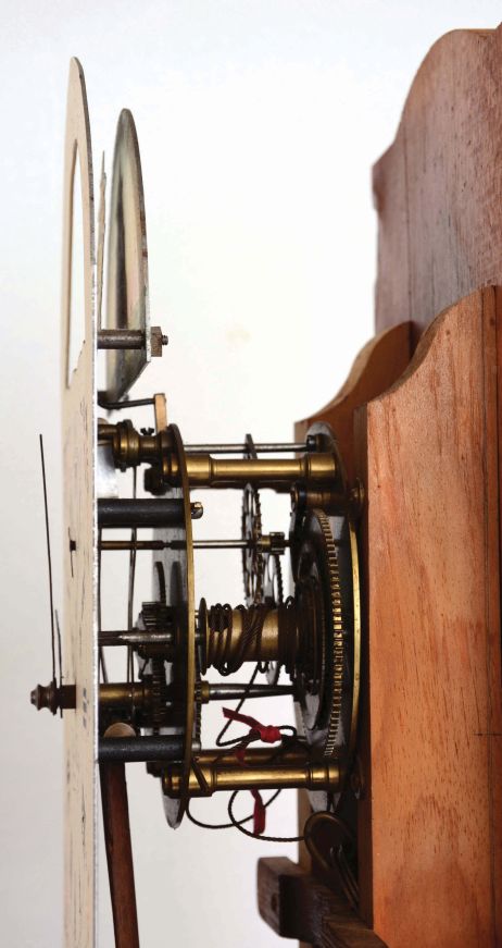 Reproduction dwarf tall or Grandmother clock, 8 day, weight driven brass timepiece (only) movement in a pine case with rocking ship dial signed Elmer Stennes