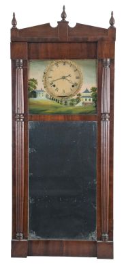 Joseph Ives, New York, 8 day, time and strike, weight iron and brass movement mirror clock.