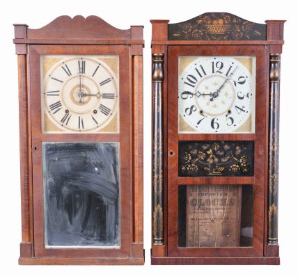 Clocks- 6 (Six): (1) David Dutton, Mount Vernon, New Hampshire, 30 hour, time and strike, weight wood movement quarter column & splat shelf clock, c1830; (2) Williams Orten, Prestons & Co., Farmington, Conn., 30 hour, time and strike, weight wood movement half column & splat shelf clock, c1832 (3) Putnam Bailey, Goshen, Conn., flat column & splat case, c1830 with later movement (4) Williams Orten, Prestons & Co., Farmington, Conn., 30 hour, time and strike, weight wood movement half column & splat shelf clock, c1832 (5) George Marsh & Co., Farmington, Conn., 30 hour, time and strike, weight wood movement half column & splat shelf clock, c1830 (6) George Marsh & Co., Farmington, Conn. Half column & splat case only, c1830