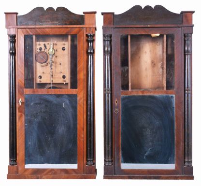 Clocks- 6 (Six): (1) David Dutton, Mount Vernon, New Hampshire, 30 hour, time and strike, weight wood movement quarter column & splat shelf clock, c1830; (2) Williams Orten, Prestons & Co., Farmington, Conn., 30 hour, time and strike, weight wood movement half column & splat shelf clock, c1832 (3) Putnam Bailey, Goshen, Conn., flat column & splat case, c1830 with later movement (4) Williams Orten, Prestons & Co., Farmington, Conn., 30 hour, time and strike, weight wood movement half column & splat shelf clock, c1832 (5) George Marsh & Co., Farmington, Conn., 30 hour, time and strike, weight wood movement half column & splat shelf clock, c1830 (6) George Marsh & Co., Farmington, Conn. Half column & splat case only, c1830