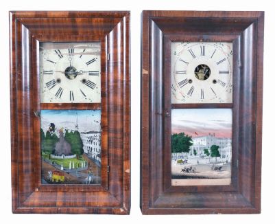 Clocks- 6 (Six): (1) Chauncey Jerome, New Haven, Conn., 30 hour, time and strike, weight brass movement OG shelf clock, c1850; (2) C. Boardman, Bristol, Conn., 30 hour, time and strike, weight brass movement OG shelf clock, c1845 (3) William L. Gilbert, Winchester, Conn. 30 hour, time and strike, weight brass movement OG shelf clock, c1842 (4) Forestville Mfg. Co., J. C. Brown, Bristol, Conn., 8 day, time and strike, weight brass movement OOG shelf clock. (5) Unknown, 30 hour, time and strike, weight brass movement OG shelf clock, c1860 (6) Seth Thomas Clock Co., Thomaston, Conn., 30 hour, time and strike, weight brass movement OG shelf clock, c1870
