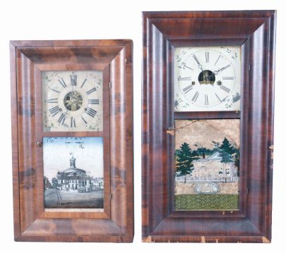 Clocks- 6 (Six): (1) Chauncey Jerome, New Haven, Conn., 30 hour, time and strike, weight brass movement OG shelf clock, c1850; (2) C. Boardman, Bristol, Conn., 30 hour, time and strike, weight brass movement OG shelf clock, c1845 (3) William L. Gilbert, Winchester, Conn. 30 hour, time and strike, weight brass movement OG shelf clock, c1842 (4) Forestville Mfg. Co., J. C. Brown, Bristol, Conn., 8 day, time and strike, weight brass movement OOG shelf clock. (5) Unknown, 30 hour, time and strike, weight brass movement OG shelf clock, c1860 (6) Seth Thomas Clock Co., Thomaston, Conn., 30 hour, time and strike, weight brass movement OG shelf clock, c1870