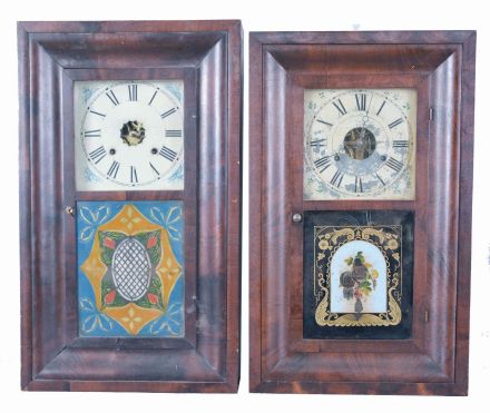 Clocks- 6 (Six): (1) Chauncey Jerome, New Haven, Conn., 30 hour, time and strike, weight brass movement OG shelf clock, c1850; (2) C. Boardman, Bristol, Conn., 30 hour, time and strike, weight brass movement OG shelf clock, c1845 (3) William L. Gilbert, Winchester, Conn. 30 hour, time and strike, weight brass movement OG shelf clock, c1842 (4) Forestville Mfg. Co., J. C. Brown, Bristol, Conn., 8 day, time and strike, weight brass movement OOG shelf clock. (5) Unknown, 30 hour, time and strike, weight brass movement OG shelf clock, c1860 (6) Seth Thomas Clock Co., Thomaston, Conn., 30 hour, time and strike, weight brass movement OG shelf clock, c1870