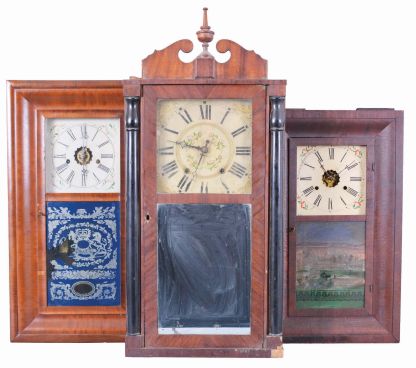 Clocks- 6 (Six): (1) Elisha Hotchkiss, Jr., Burlington, Conn., 30 hour, time and strike, weight wood movement half column & splat shelf clock, c1832; (2) E. N. Welch Mfg. Co., Forestville, Conn., 8 day, time, strike and alarm weight brass movement OG shelf clock, c1865 (3) Unknown, 30 hour, time and strike, weight brass movement OG shelf clock, c1840 (4) Forestville Mfg. Co., J. C. Brown, Bristol, Conn., 30 hour, time and strike, weight brass movement OG shelf clock, c1850 (5) New Haven Clock Co., New Haven, Conn., 30 hour, time and strike, weight brass movement OG shelf clock, c1860 (6) New Haven Clock Co., New Haven, Conn., 30 hour, time and strike, weight brass movement OG shelf clock, c1860