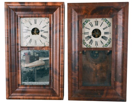 Clocks- 6 (Six): (1) Elisha Hotchkiss, Jr., Burlington, Conn., 30 hour, time and strike, weight wood movement half column & splat shelf clock, c1832; (2) E. N. Welch Mfg. Co., Forestville, Conn., 8 day, time, strike and alarm weight brass movement OG shelf clock, c1865 (3) Unknown, 30 hour, time and strike, weight brass movement OG shelf clock, c1840 (4) Forestville Mfg. Co., J. C. Brown, Bristol, Conn., 30 hour, time and strike, weight brass movement OG shelf clock, c1850 (5) New Haven Clock Co., New Haven, Conn., 30 hour, time and strike, weight brass movement OG shelf clock, c1860 (6) New Haven Clock Co., New Haven, Conn., 30 hour, time and strike, weight brass movement OG shelf clock, c1860