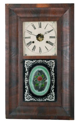 Clocks- 6 (Six): (1) Elisha Hotchkiss, Jr., Burlington, Conn., 30 hour, time and strike, weight wood movement half column & splat shelf clock, c1832; (2) E. N. Welch Mfg. Co., Forestville, Conn., 8 day, time, strike and alarm weight brass movement OG shelf clock, c1865 (3) Unknown, 30 hour, time and strike, weight brass movement OG shelf clock, c1840 (4) Forestville Mfg. Co., J. C. Brown, Bristol, Conn., 30 hour, time and strike, weight brass movement OG shelf clock, c1850 (5) New Haven Clock Co., New Haven, Conn., 30 hour, time and strike, weight brass movement OG shelf clock, c1860 (6) New Haven Clock Co., New Haven, Conn., 30 hour, time and strike, weight brass movement OG shelf clock, c1860
