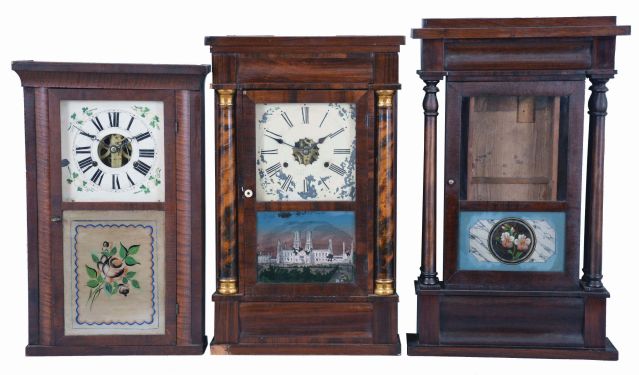 Clocks- 6 (Six) American shelf clocks: (1) Seth Thomas Clock Co., Plymouth Hollow, Conn., column shelf clock with a brass spring driven 30 hour time and strike movement in a mahogany case, c1850; (2) Atkins & Porter, Bristol, Conn., quarter column shelf clock with a weight driven 30 hour time and strike movement in a mahogany veneered case, c1845. (3) J. C. Brown, Forestville, Conn. half column shelf clock with a weight driven 30 hour time and strike movement in a mahogany veneered case, c 1850. (4) Seth Thomas, Plymouth Hollow, Conn., half column shelf clock with a weight driven 30 hour time and strike movement in a mahogany veneered case, c1855. (5) Sperry & Shaw, 10 Cortlandt St., New York., 4 column NY style case only, c1845. (6) Daniel Pratt, Reading, Mass OG shelf clock with a weight driven, 8 day, time and strike movement in a mahogany veneered case, c1860.