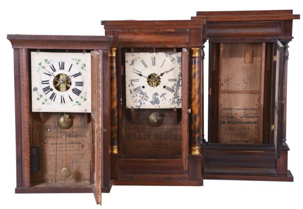 Clocks- 6 (Six) American shelf clocks: (1) Seth Thomas Clock Co., Plymouth Hollow, Conn., column shelf clock with a brass spring driven 30 hour time and strike movement in a mahogany case, c1850; (2) Atkins & Porter, Bristol, Conn., quarter column shelf clock with a weight driven 30 hour time and strike movement in a mahogany veneered case, c1845. (3) J. C. Brown, Forestville, Conn. half column shelf clock with a weight driven 30 hour time and strike movement in a mahogany veneered case, c 1850. (4) Seth Thomas, Plymouth Hollow, Conn., half column shelf clock with a weight driven 30 hour time and strike movement in a mahogany veneered case, c1855. (5) Sperry & Shaw, 10 Cortlandt St., New York., 4 column NY style case only, c1845. (6) Daniel Pratt, Reading, Mass OG shelf clock with a weight driven, 8 day, time and strike movement in a mahogany veneered case, c1860.